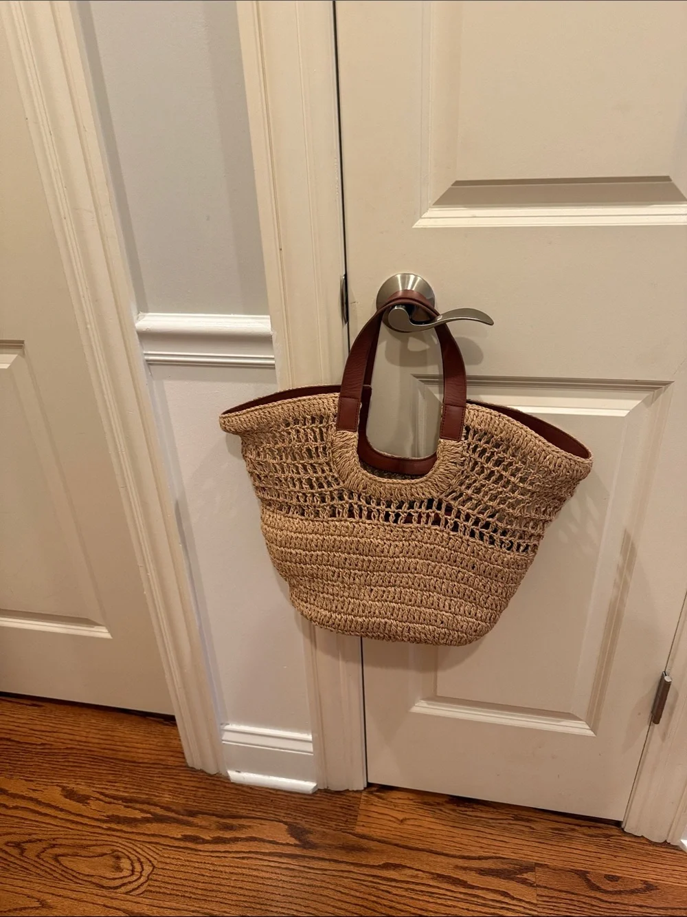 COS Woven Straw Tote Bag with Brown Leather Handles - Picture 1 of 5